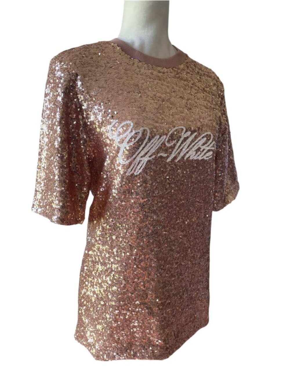 NEW Off-White Short Sleeve Shirt Sequin Rose Gold White Logo Glam Streetwear - Picture 6 of 16